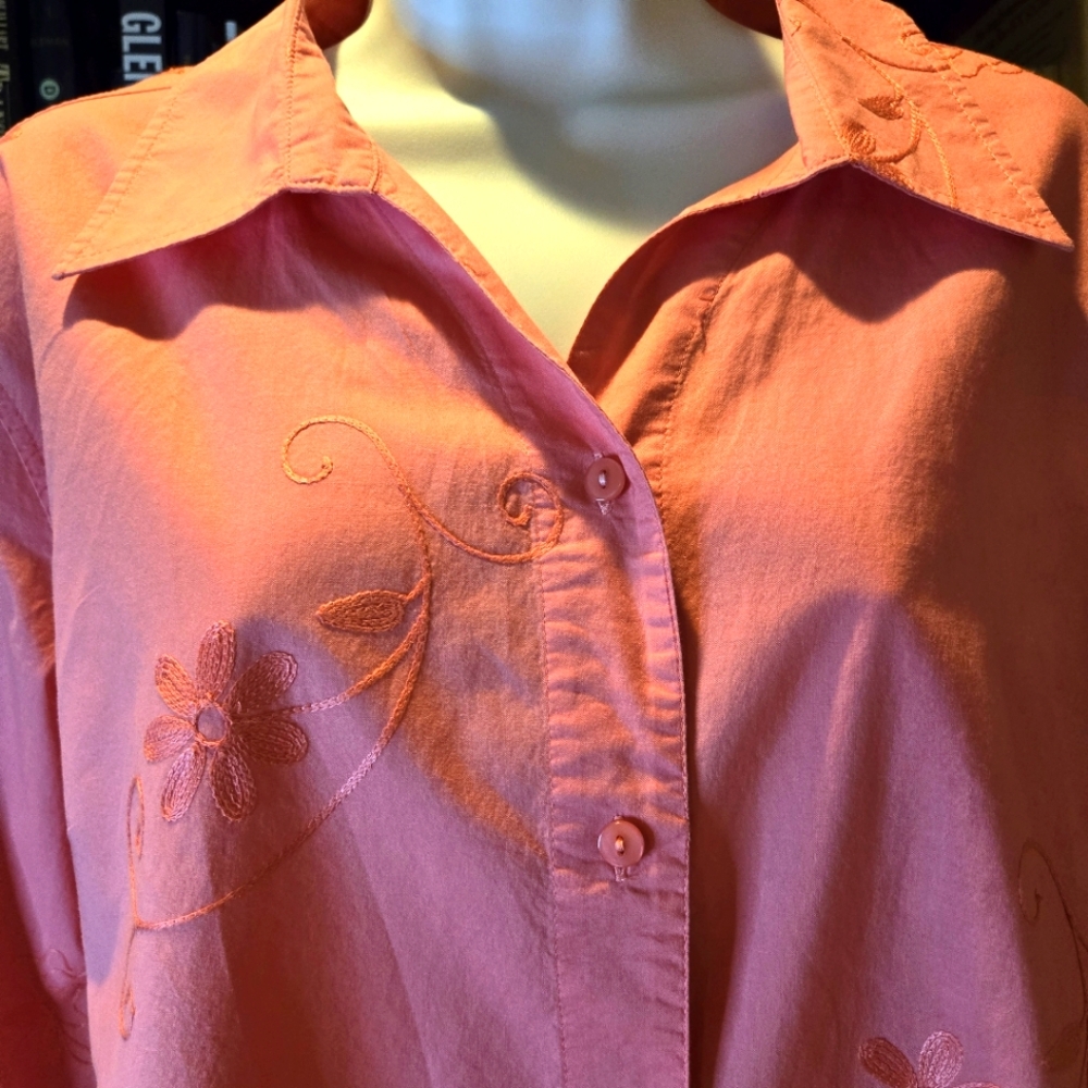 Classic Elements Embroidered Pink Casual Blouse, Size Large (14-16)